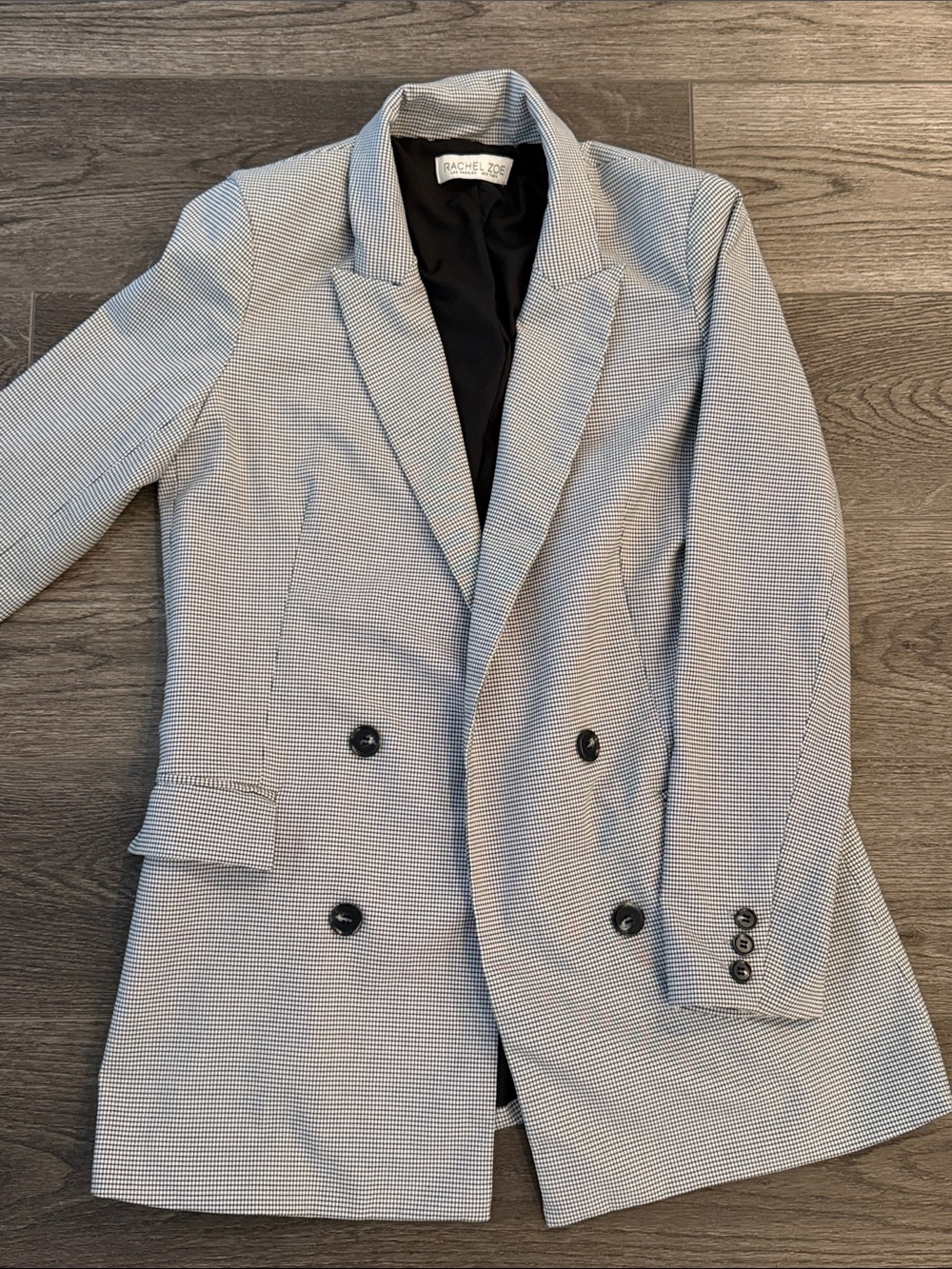 Rachel Zoe • Chic Black & Gray Micro-Check Double-Breasted Blazer